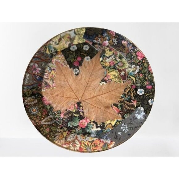 Large Vtg Signed Glass Serving Plate Decoupage Raspberries Leaves 13" - Picture 2 of 12